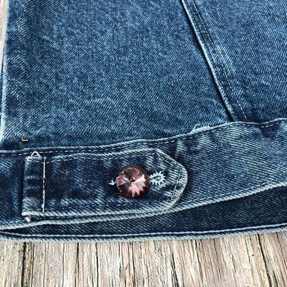 90’s Vintage Denim Floral Burnout Rhinestone Button Front Collared Vest Small Blue - Image 7