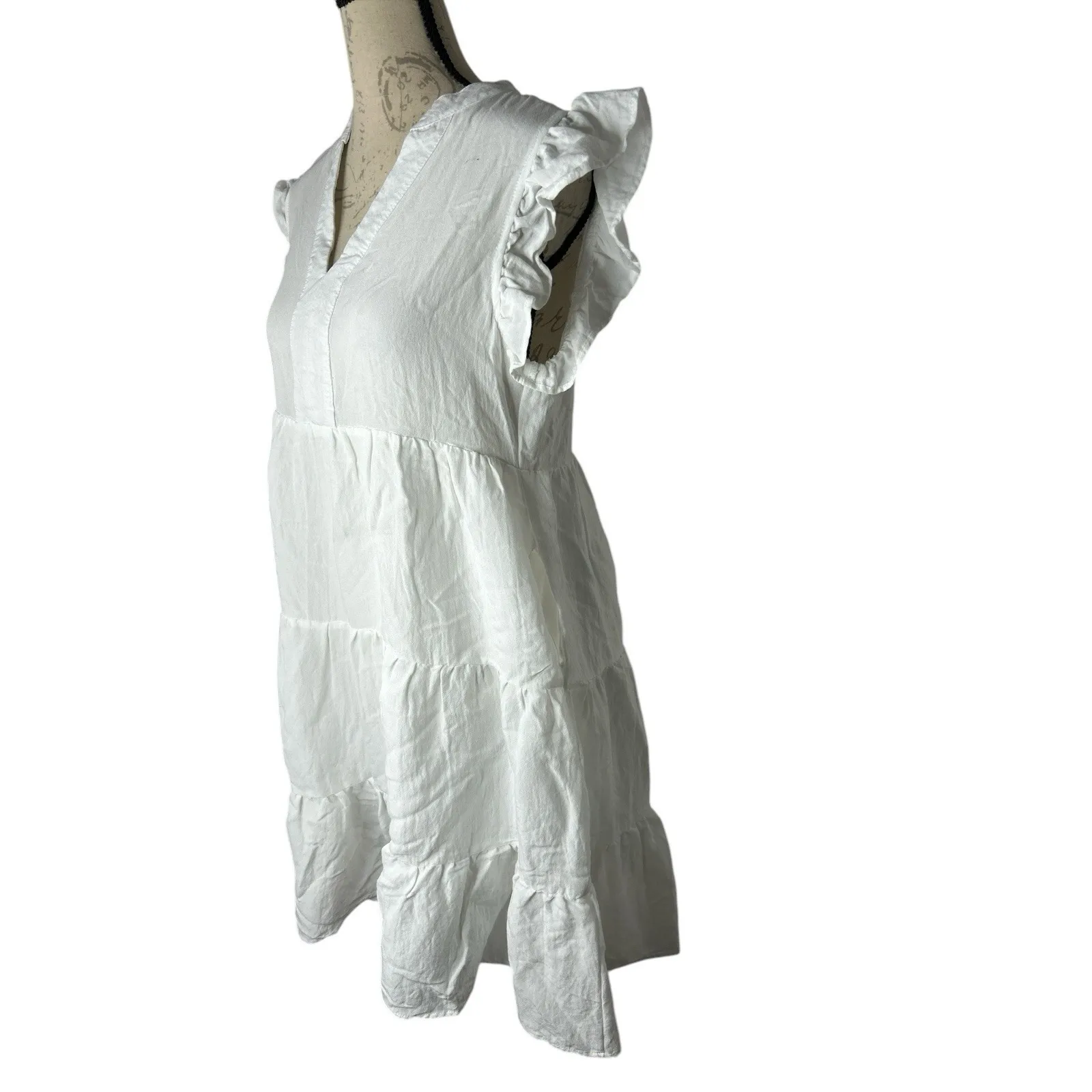 Entro Tiered & Lined White Babydoll Dress with Pockets and Flutter‎ Sleeves S - Image 2