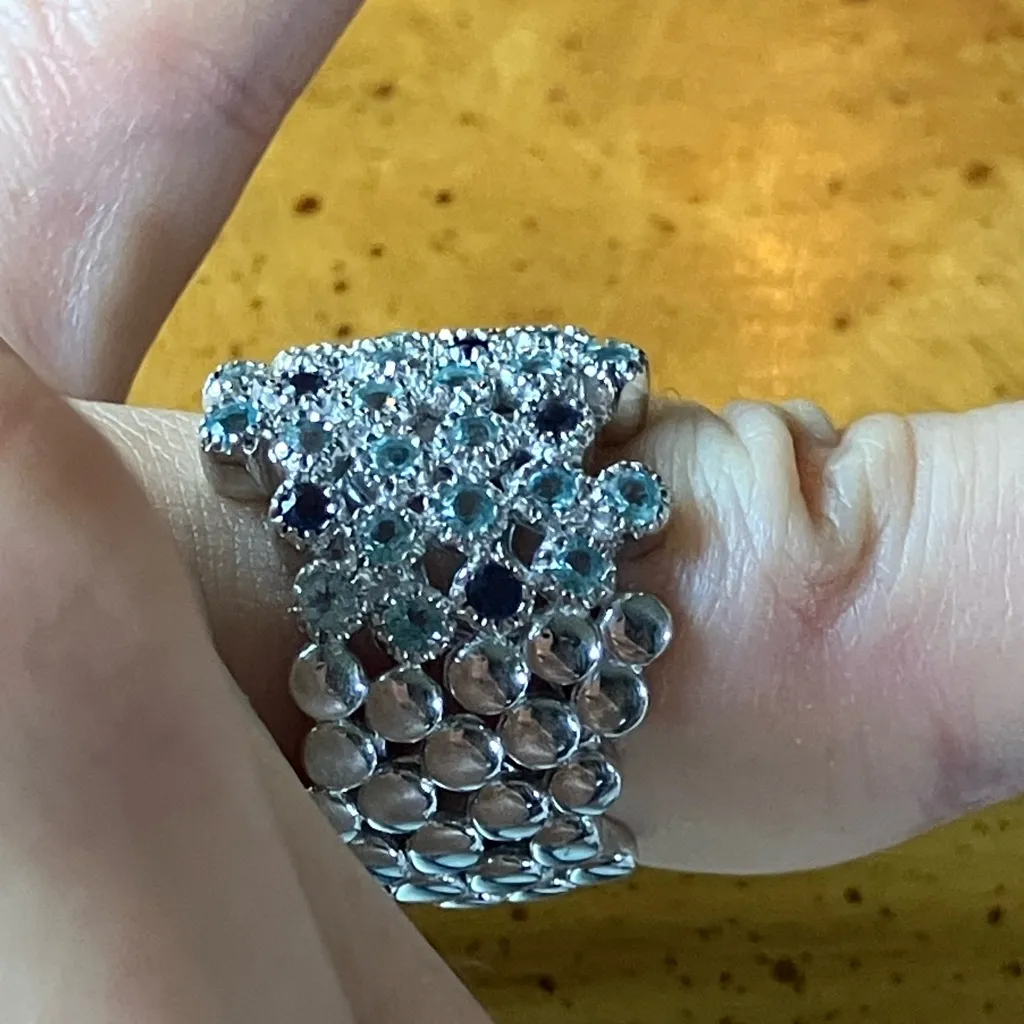 Natural Blue Apatite Iolite Sterling Silver Bubble Ring Size 6 - Image 3