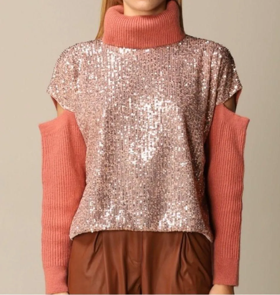 PINKO Blizzard Sweater cold shoulder sequined orange Medium - Image 5