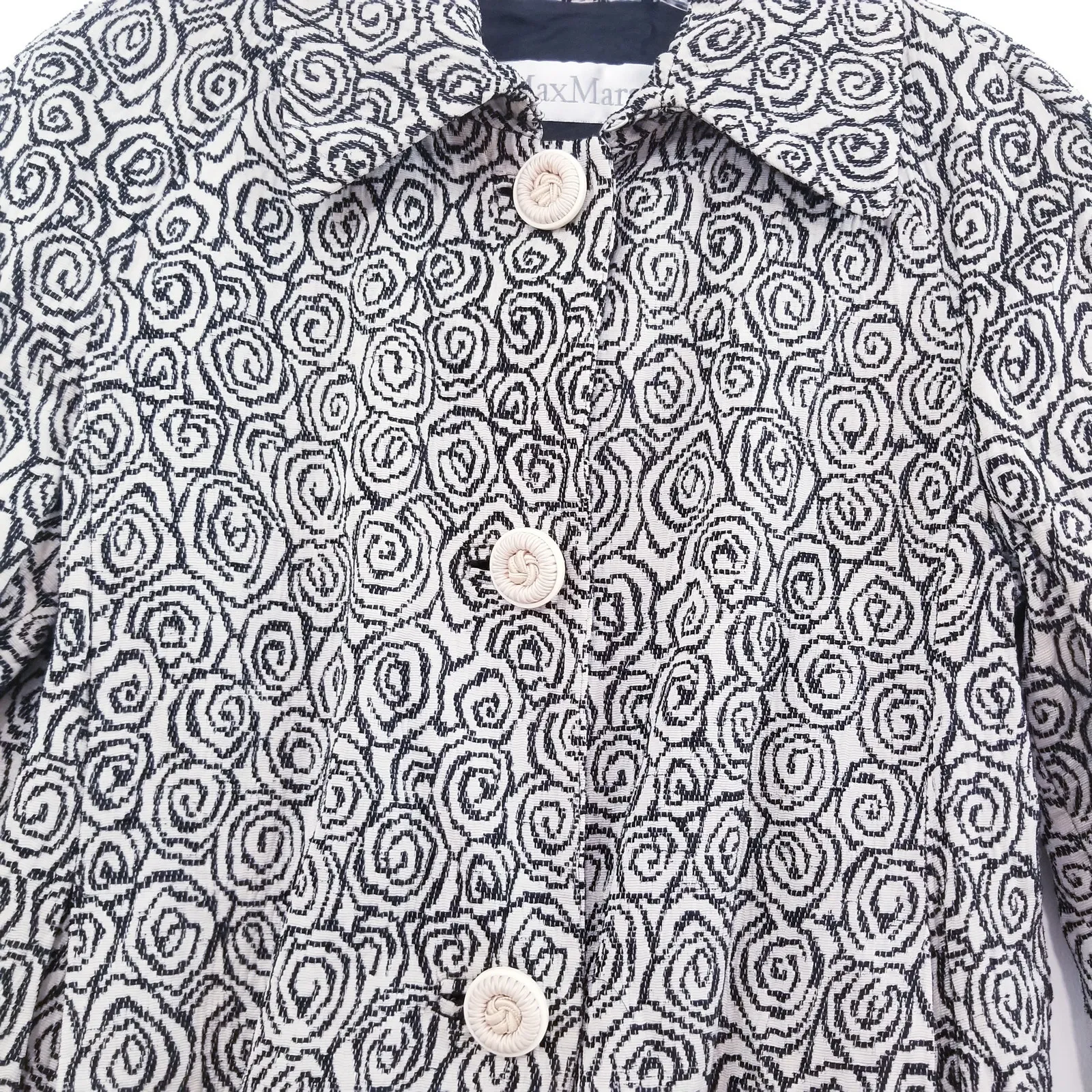 Max Mara Wool Blend Whirlpool Jacquard Blazer Jacket Crafted Woven Buttons Gray Size 8 - Image 3