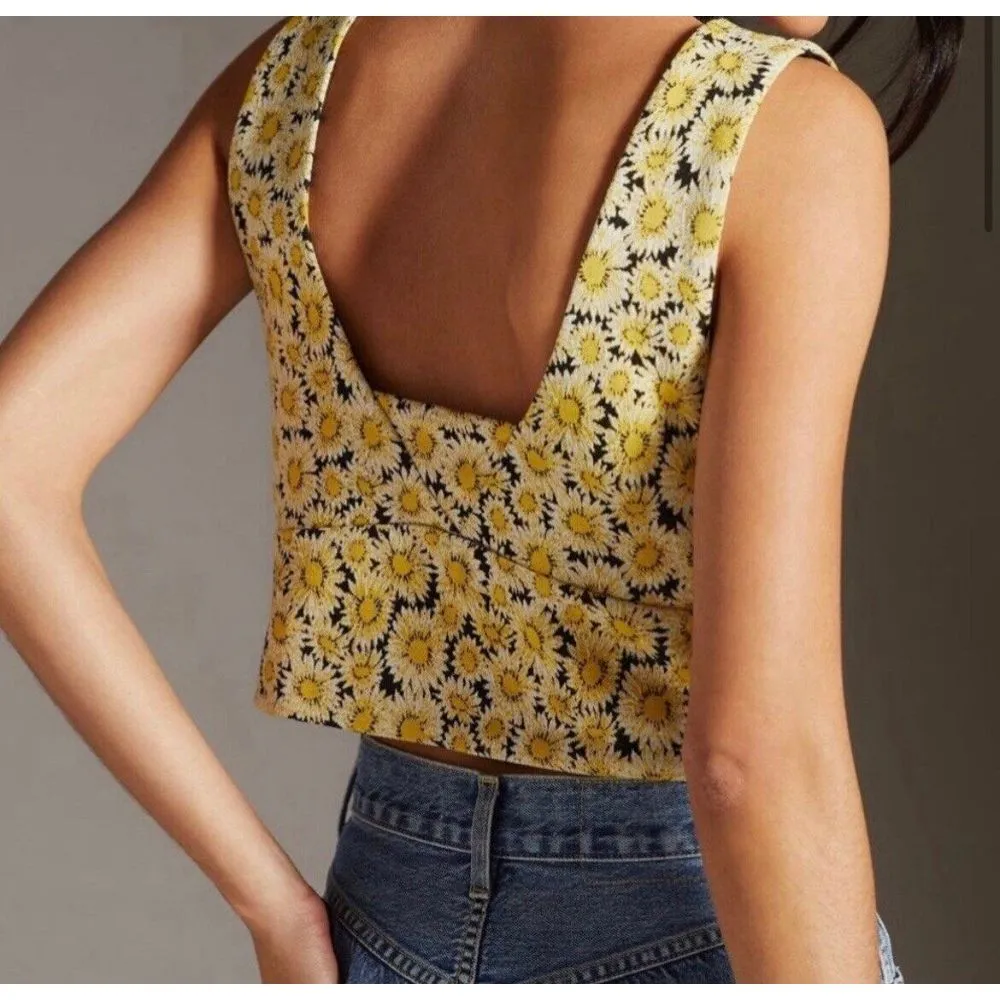 Anthropologie Maeve Women's M Floral Sunflower Button V neck Crop Top - Image 2