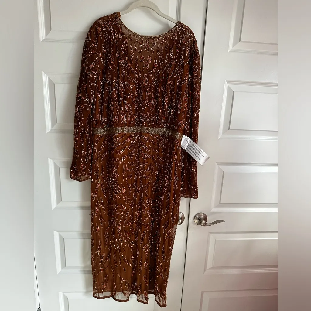 Mac Duggal‎ Embellished Long Sleeve High Neck Midi Dress Copper size 22W NWT - Image 4