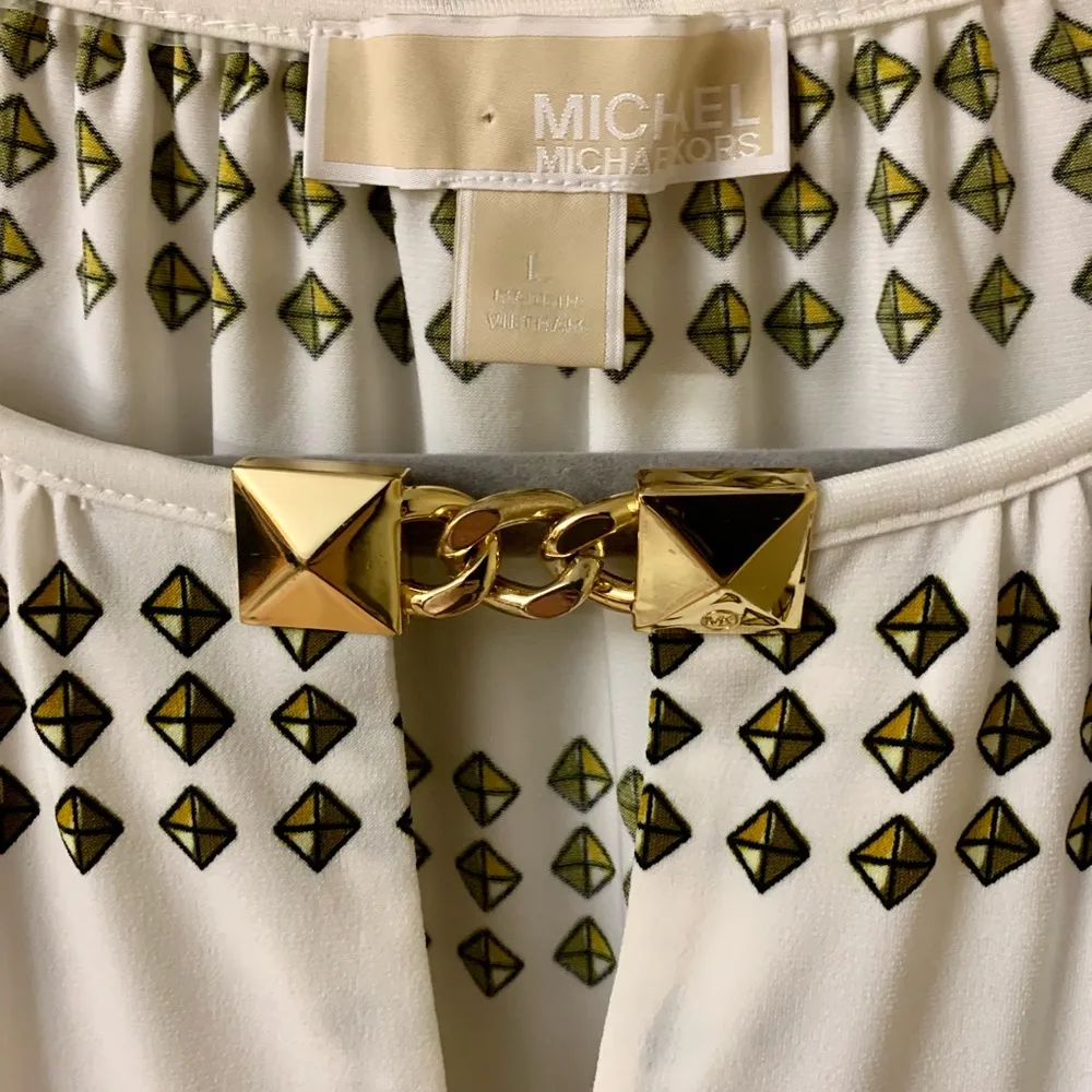 Michael Kors White and Gold Patterned Chiffon Blouse - Image 3
