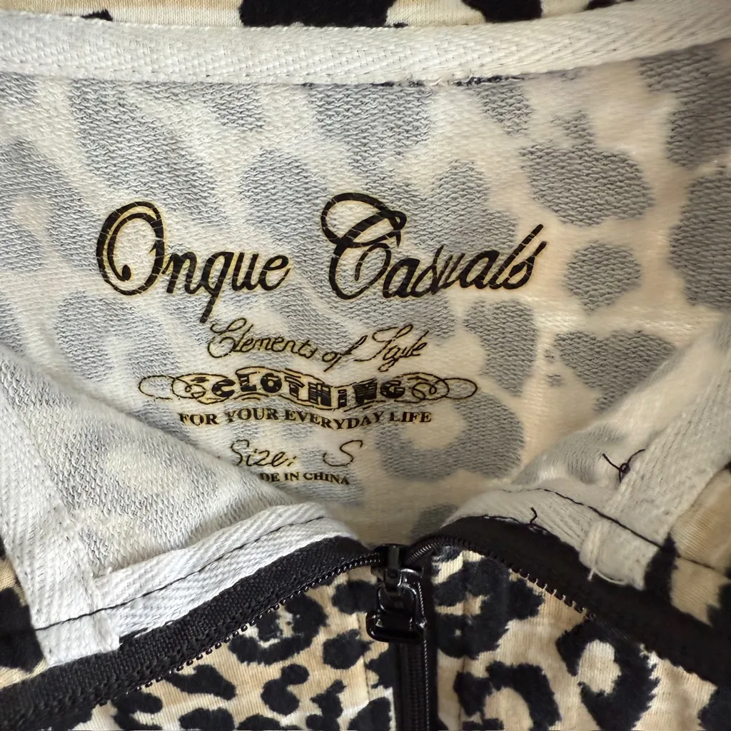 Leopard Print Zip Up Jacket Stretch Knit Casual Layer Cozy Sweater Womens Small Black - Image 5