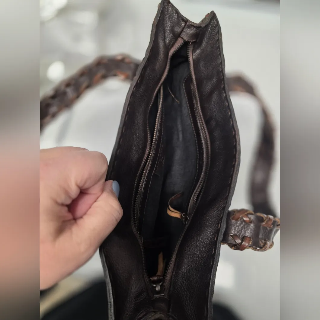 Vintage Leather Brown Braided Purse Handmade in Italy Bag Tote Large Top Handle - Image 3