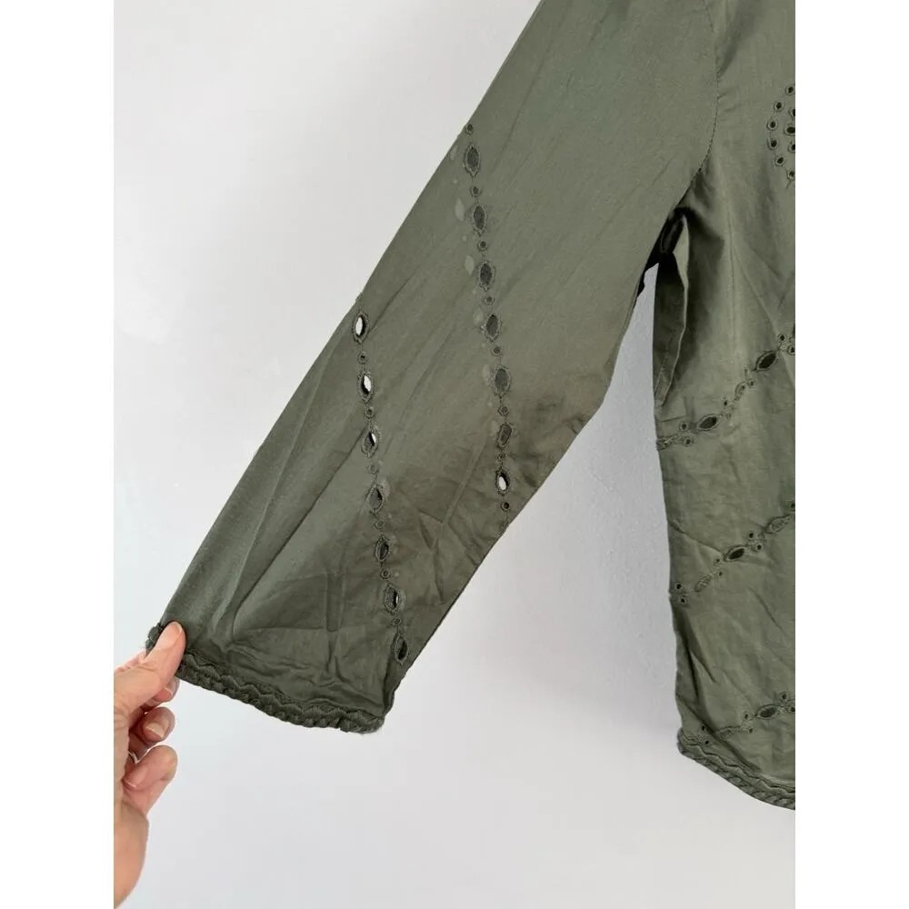 NWT Gap Sage Green Popover Cotton Eyelet Long Sleeve Top Women’s Size XS - Image 3