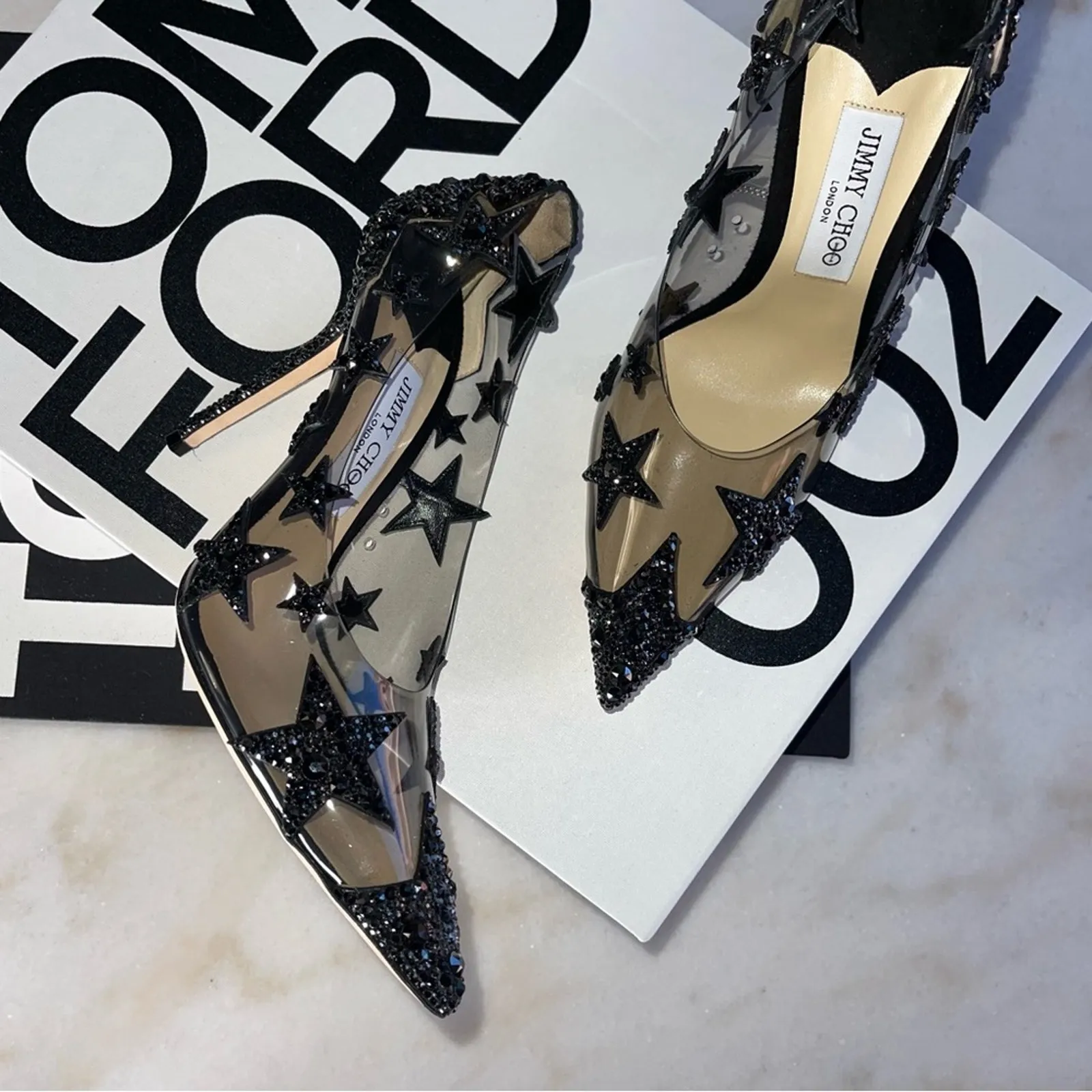 New Jimmy Choo Lisha 100 Black Smoke Mix Plexi Star Patchwork Pumps w Crystals - Image 3