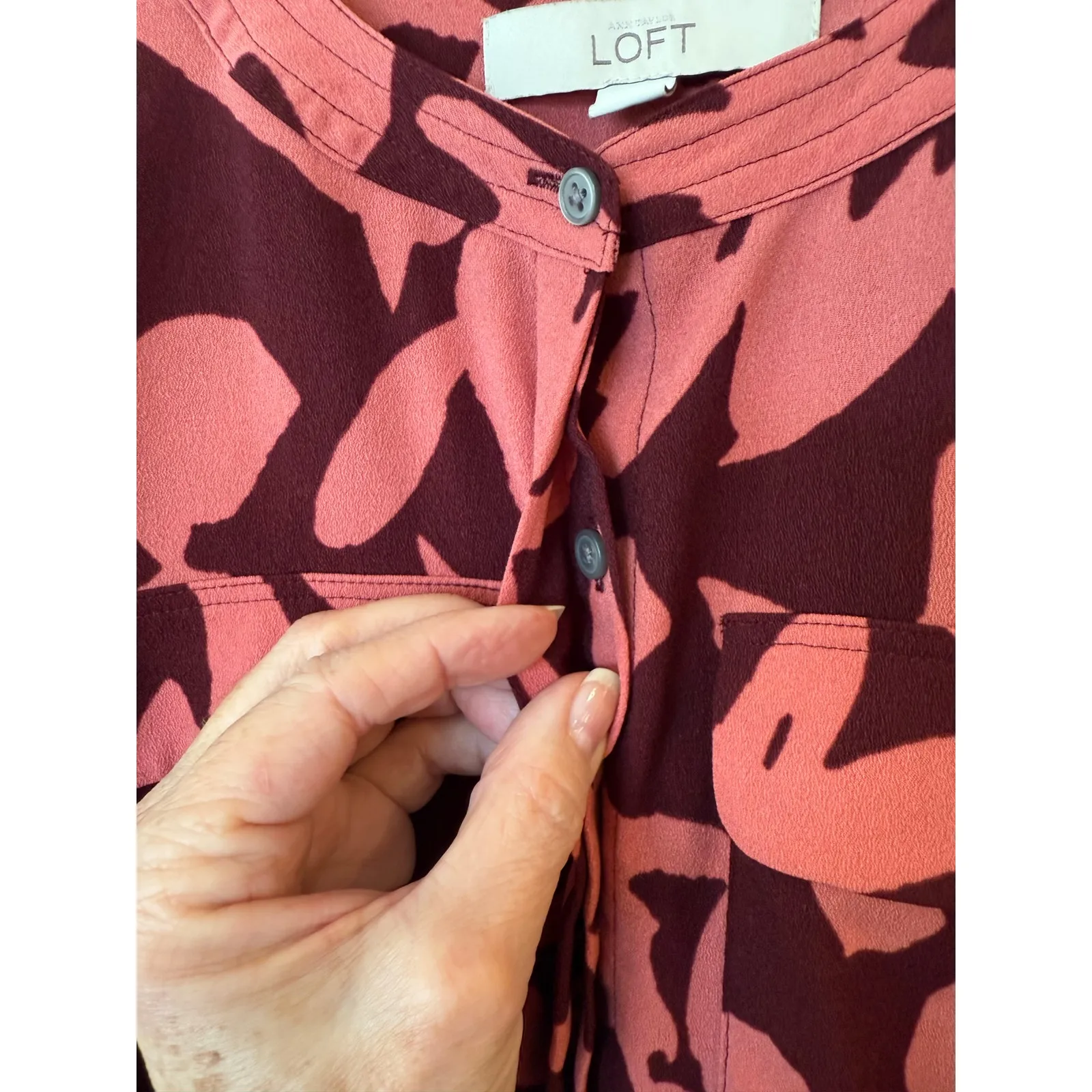 Loft Cap Sleeve Waist Tie Button Up Shirt Dress Floral Pink Women's Size Small - Image 7