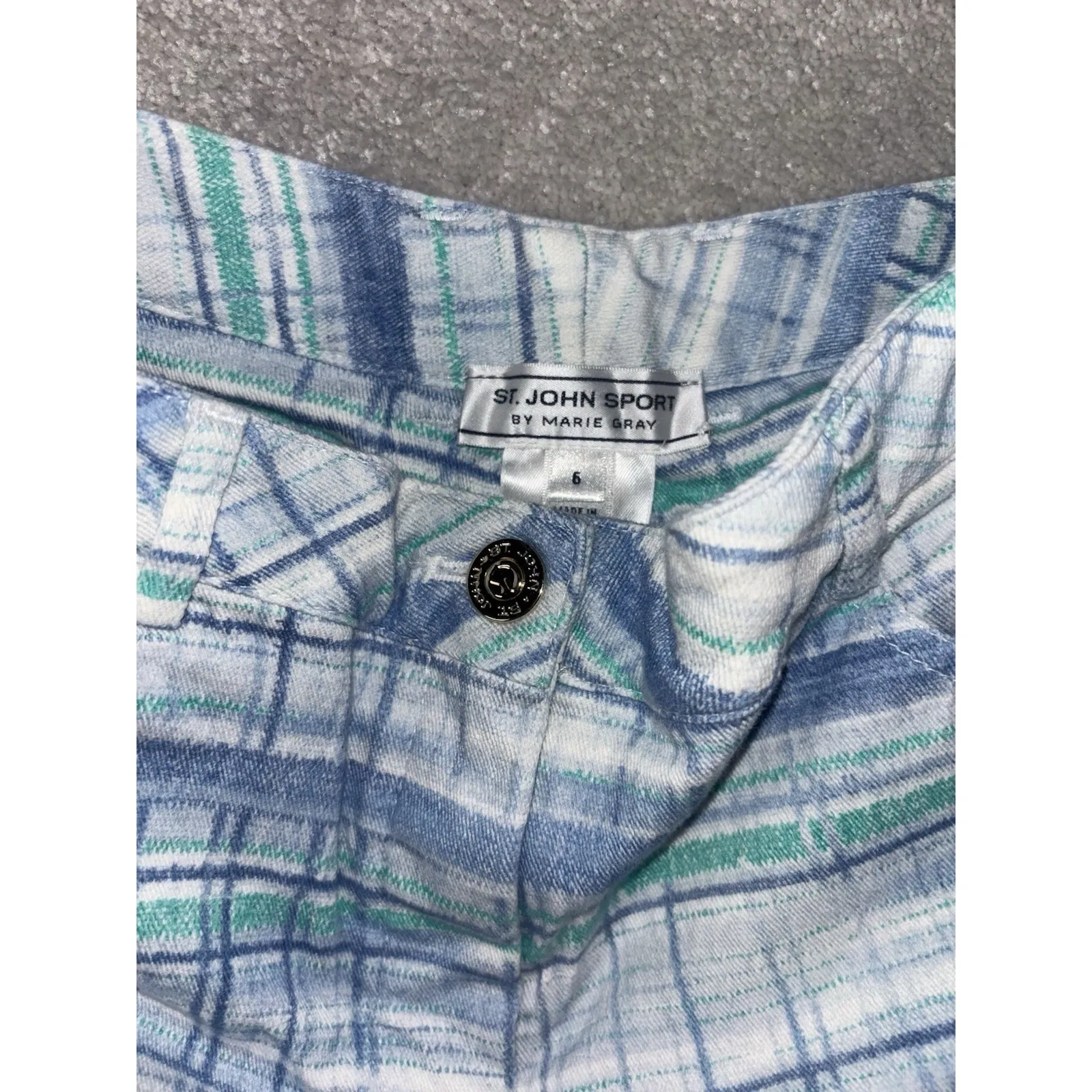 St John Sport Pants Womens 6 Marie Gray Plaid Print Cotton crop Blue - Image 3