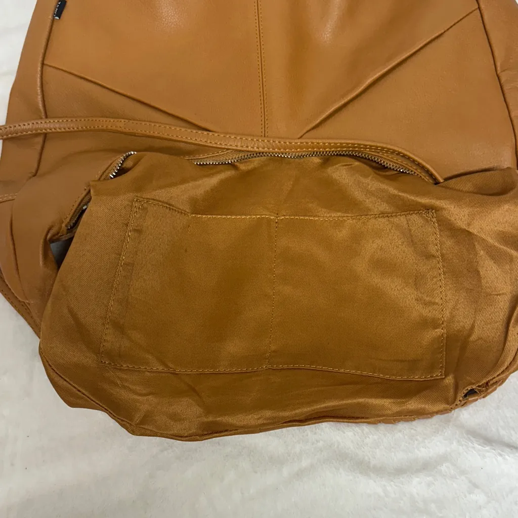 Soft Italian Half Moon Hobo with Whipstitch Handle Tan - Image 13