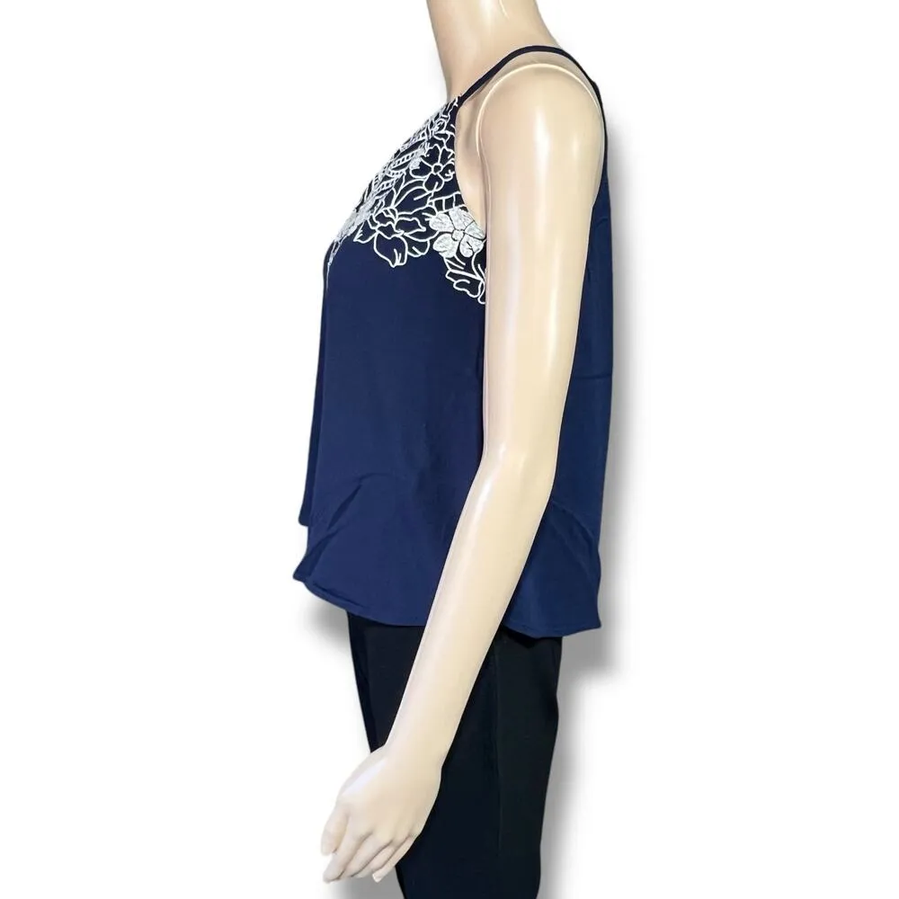 eyeshadow Womens Tank Top Embroidered Floral Design Navy Blue White Medium - Image 5