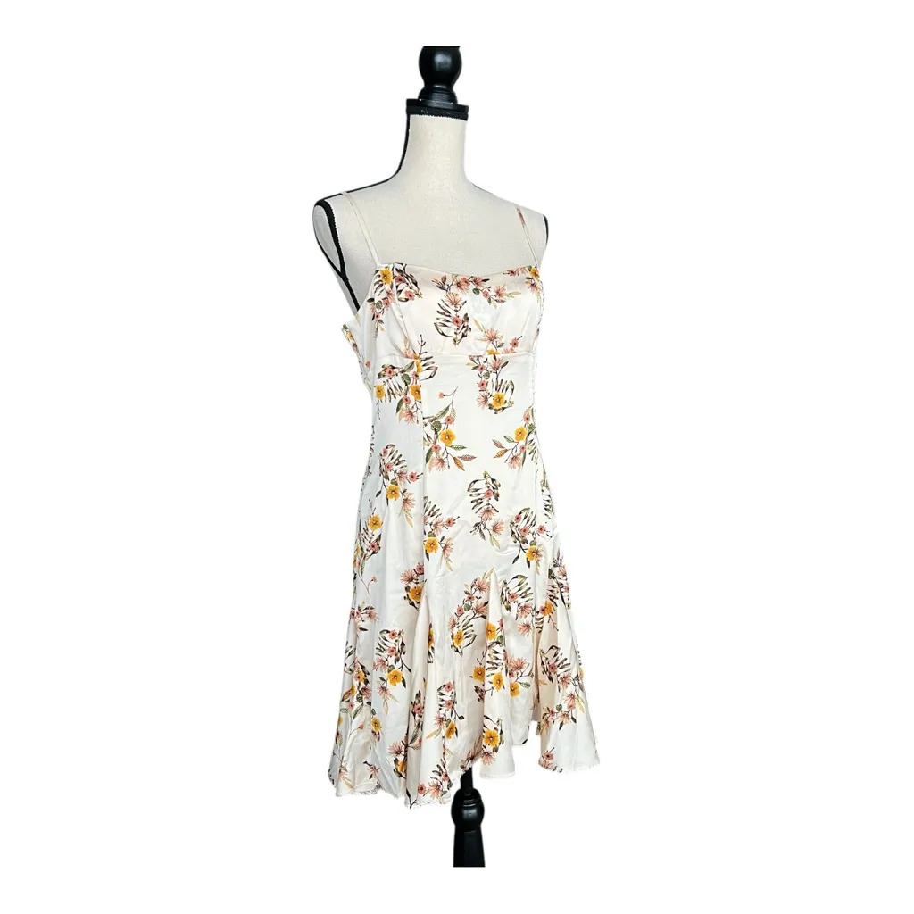 Storia Floral Satin Mini Dress Cream with Yellow & Pink Blooms Size L - Image 4