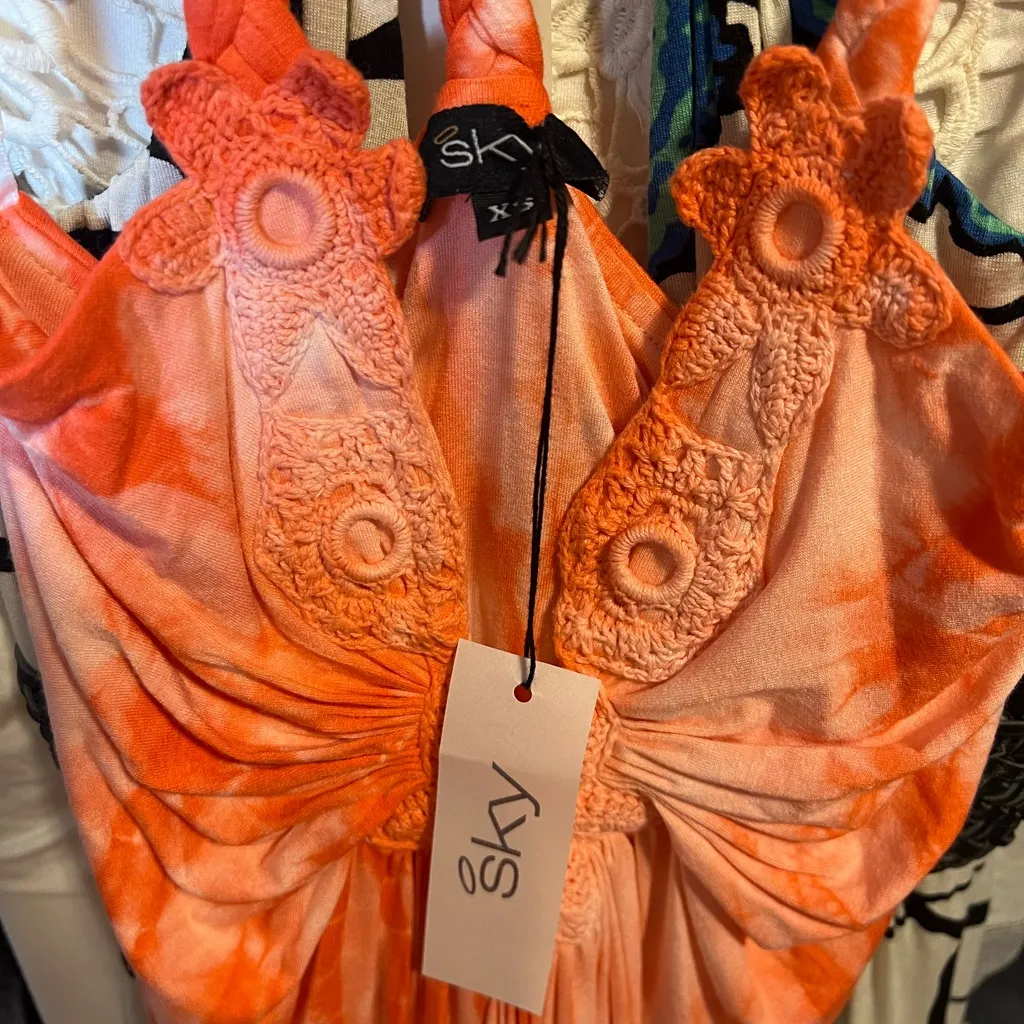 NWT Sky Brand Orange Tie Dye Braided Halter Maxi Dress XS - Image 2