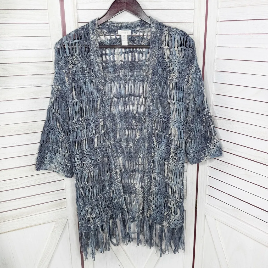 Chico's Boho Open Ribbon Yarn Knit Fringe Cardigan Sweater Denim Blue Small - Image 8