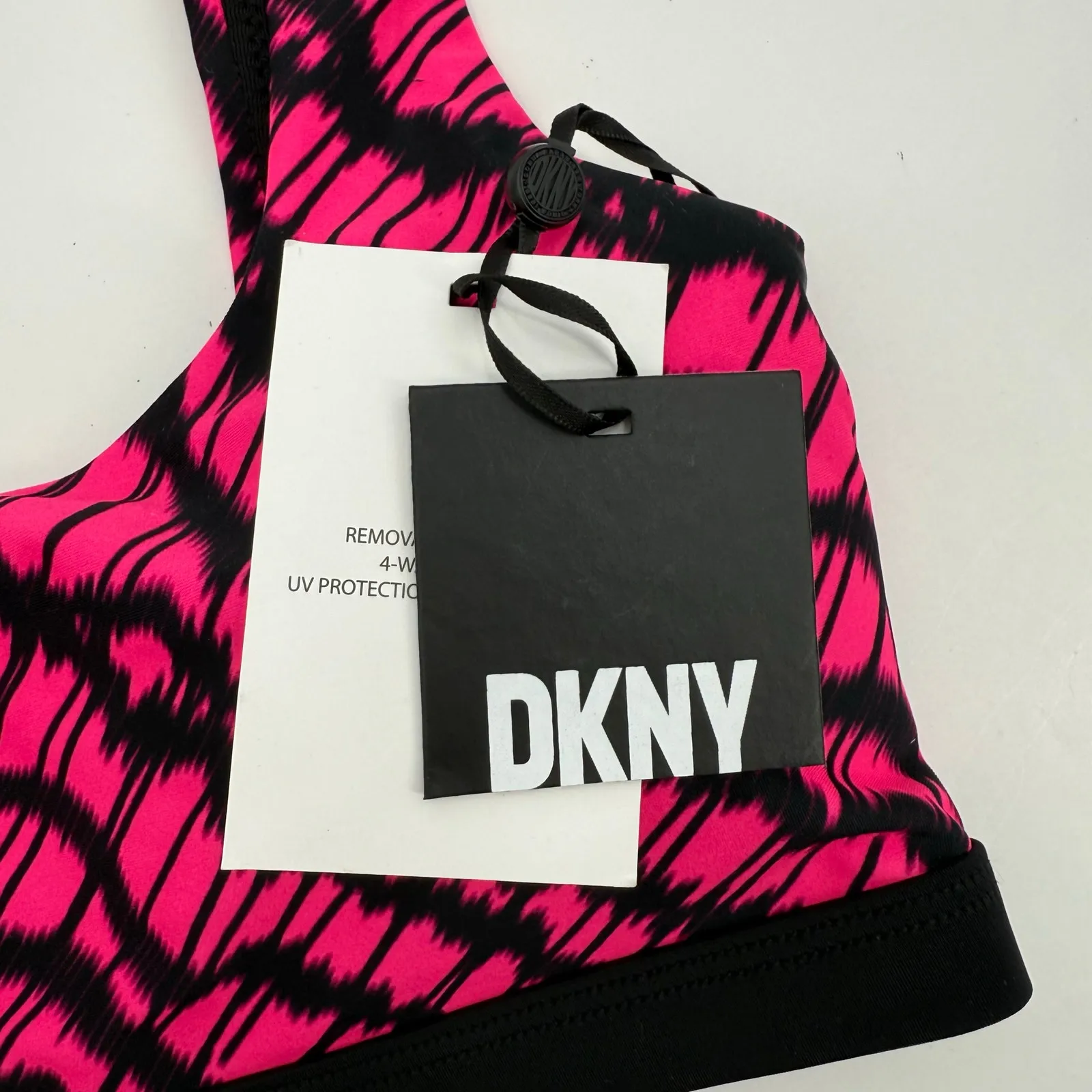 DKNY Bikini Top Size Medium NWT Printed Square Neck Hot Pink Black Swim Sporty - Image 4