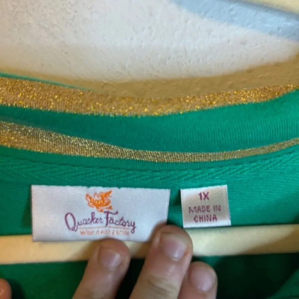 Quacker Factory Sweatshirt Women's Size 1X Green Gold Stripes‎ - Image 3