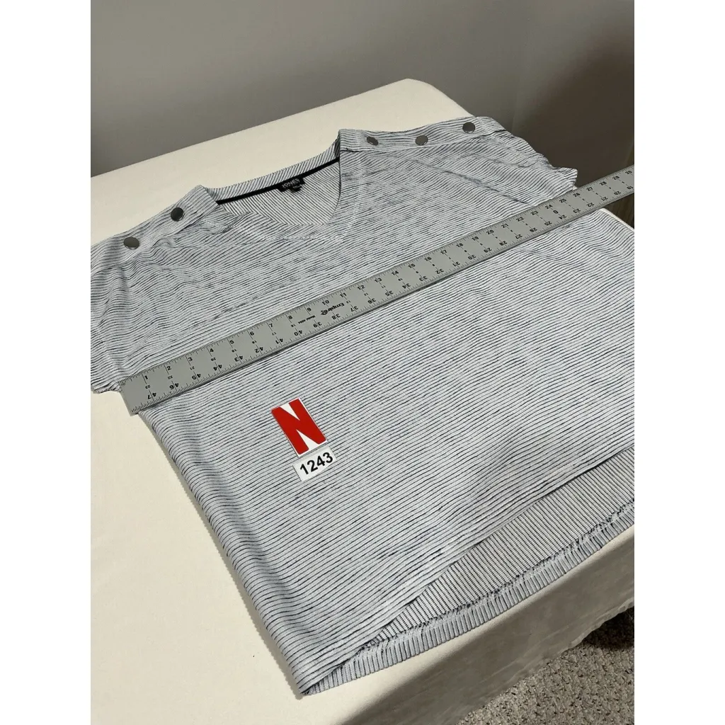 Woman’s Jones Ny Blue White Short Sleeve Shirt Xxl Ribbed Knit V Neck - Image 7