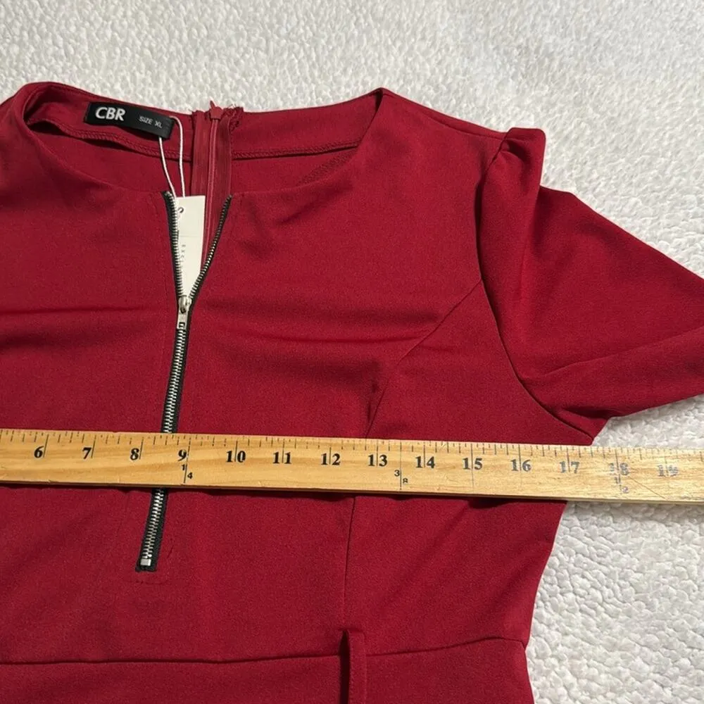 CBR size XL women's zipper round neck 3/4 sleeve high waist dress no belt casual Red - Image 6