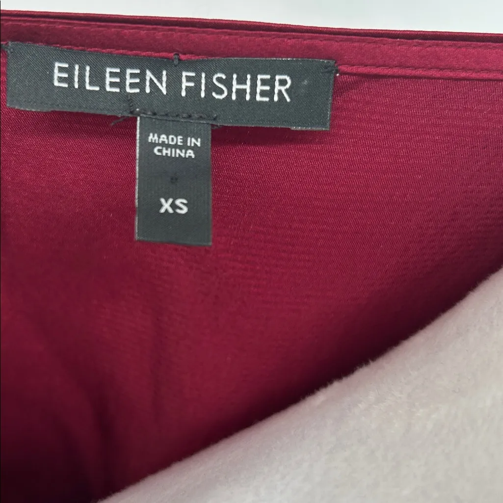 EILEEN FISHER Silk Satin Dark Tulip Hammered Ballet Neck Top Blouse XS  $218 - Image 2