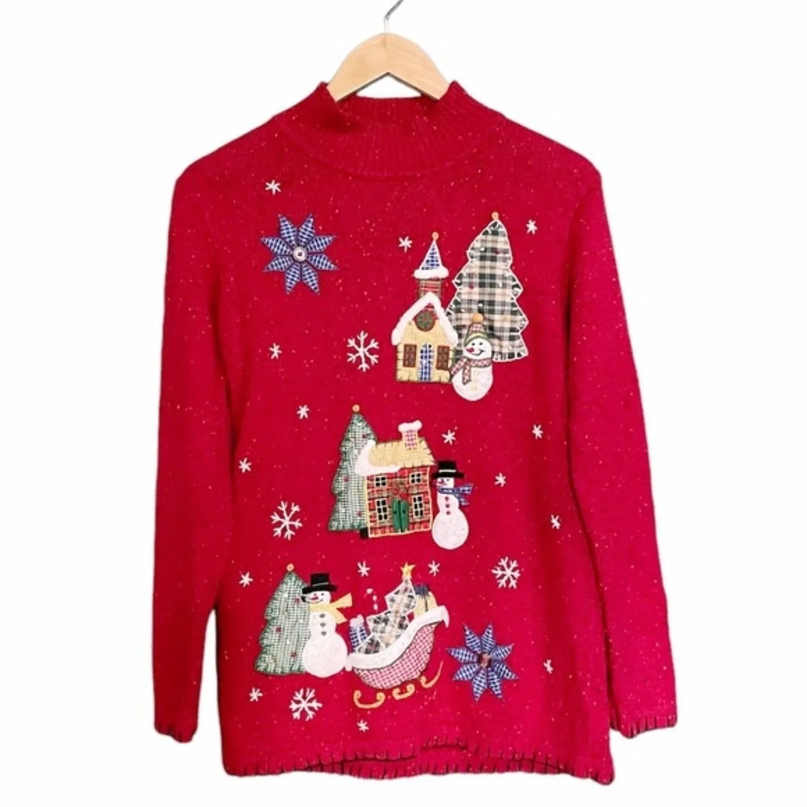 Vintage 90s Christmas Sweater Victoria Jones Red Size Small Snowman XMas Artsy - Image 7