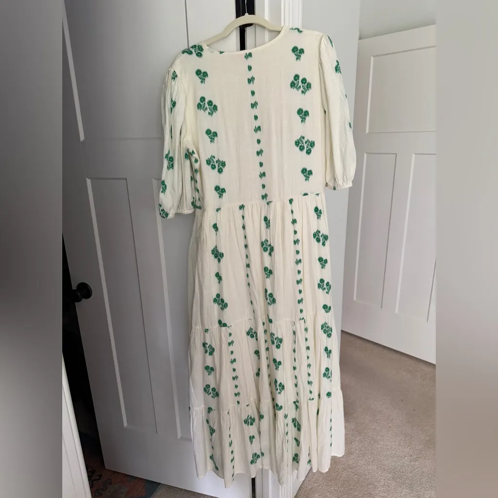 Oliphant Ivory Green Puff Sleeve Maxi Dress V Neck White Size L - Image 6