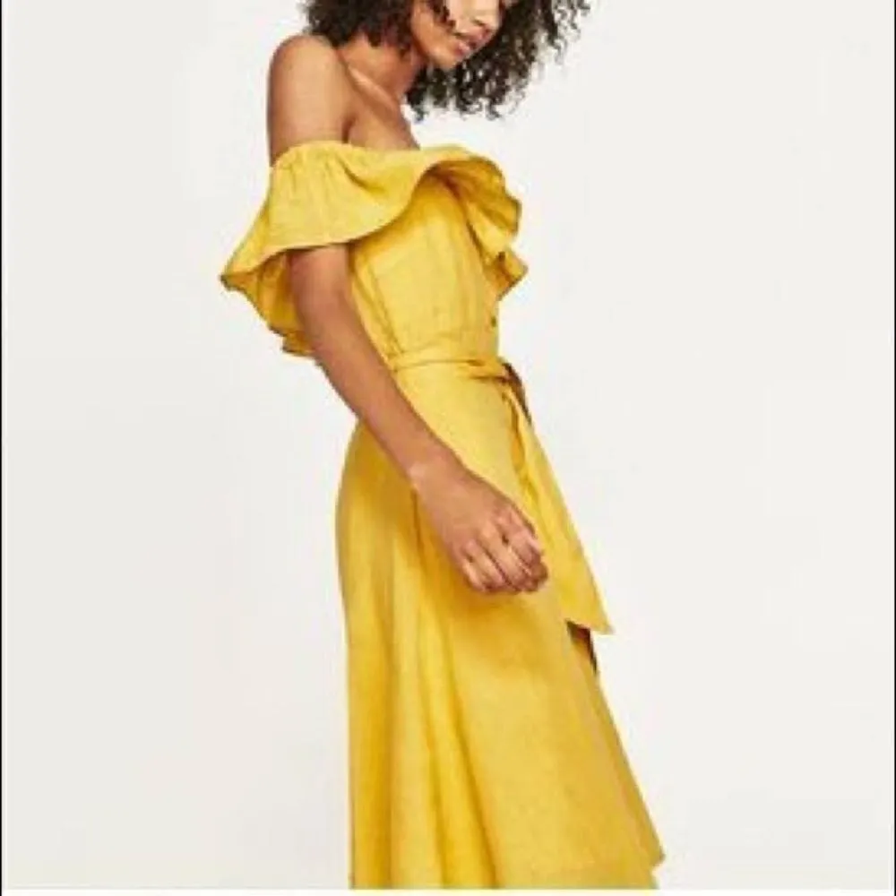 Zara Linen Yellow Off The Shoulder Dress Size XS - Image 4