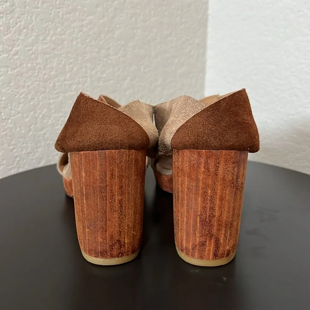 HUMA BLANCO TwoTone Beige/Brown Suede Cross Band Wood Block Heel Sandal, Size 36 Brown - Image 6