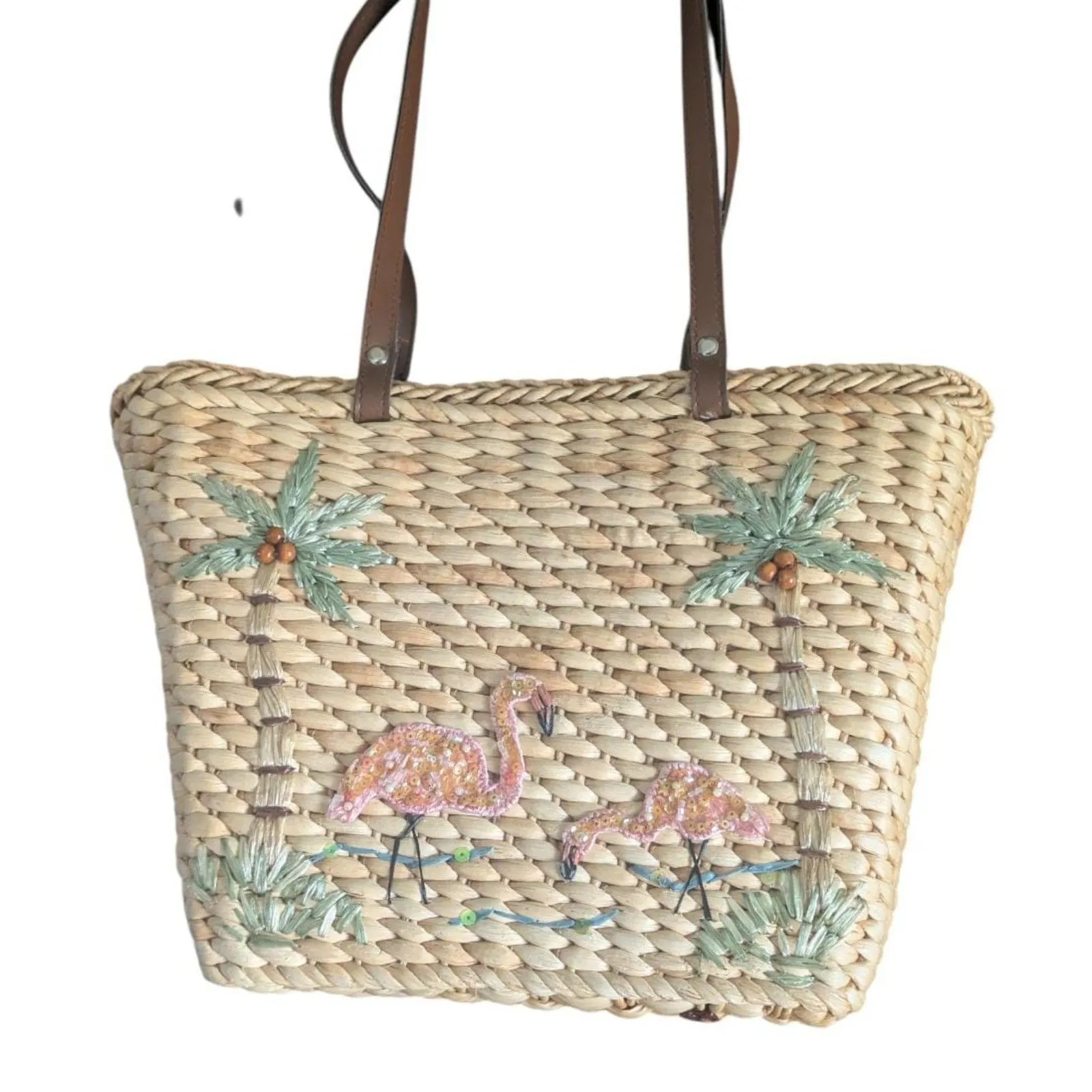 Vintage Y2K Cappelli Straworld Flamingo Sequin Straw Beach Tote Bag Brown - Image 2