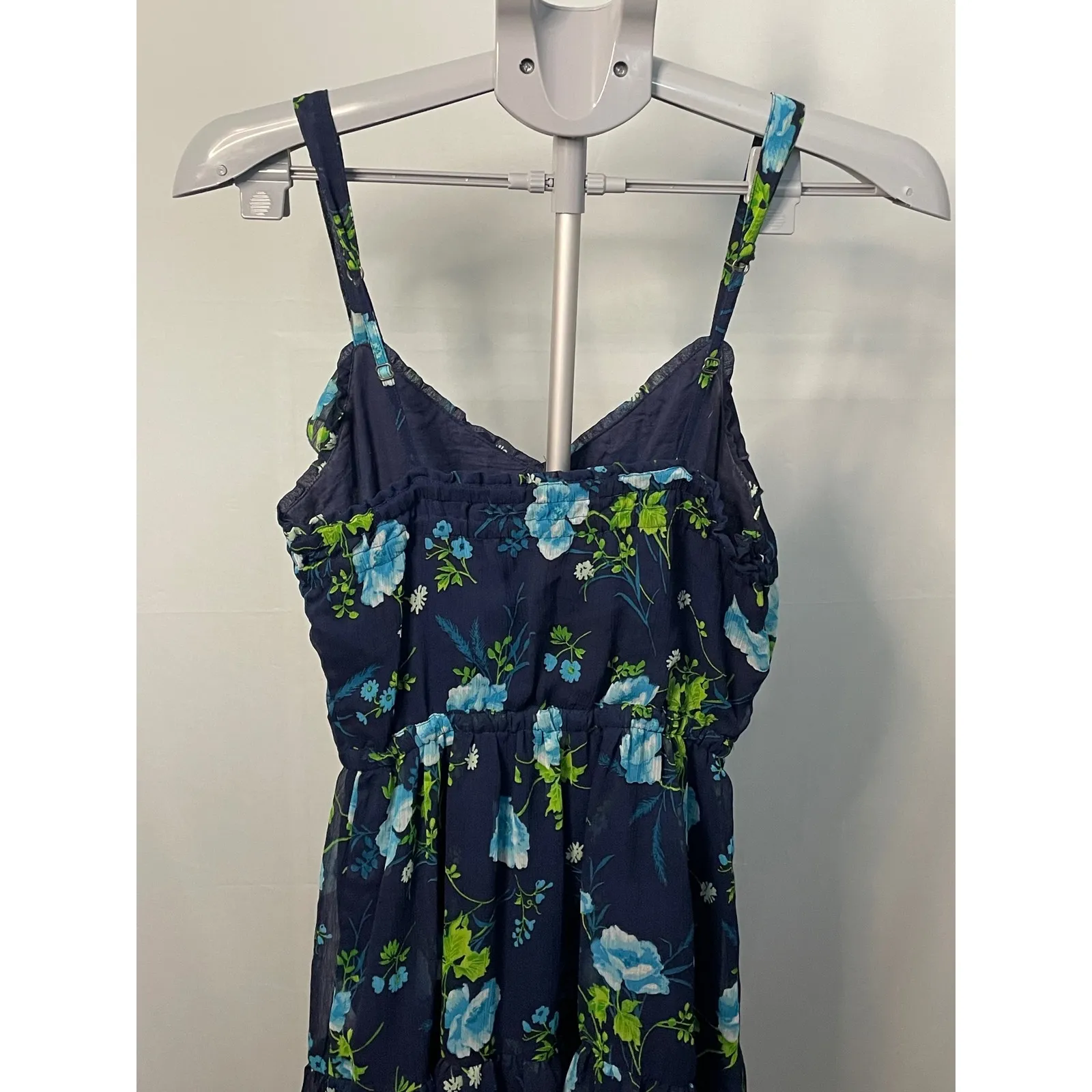 Hollister Floral Mini Dress Navy Blue Ruffle Sleeveless Summer Sundress Small - Image 9