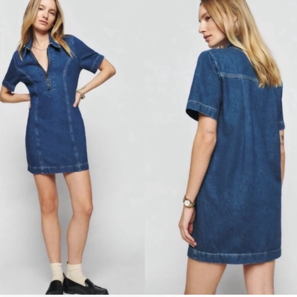 Reformation 4 Loeb Denim Mini Dress 1/4 Zip Up western country festival - Image 6