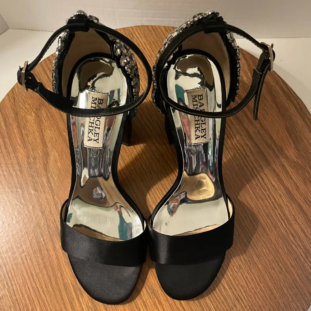 Badgley Mischka Ainsley Crystal Embellished Black Satin Heels Sandals-7 - Image 5
