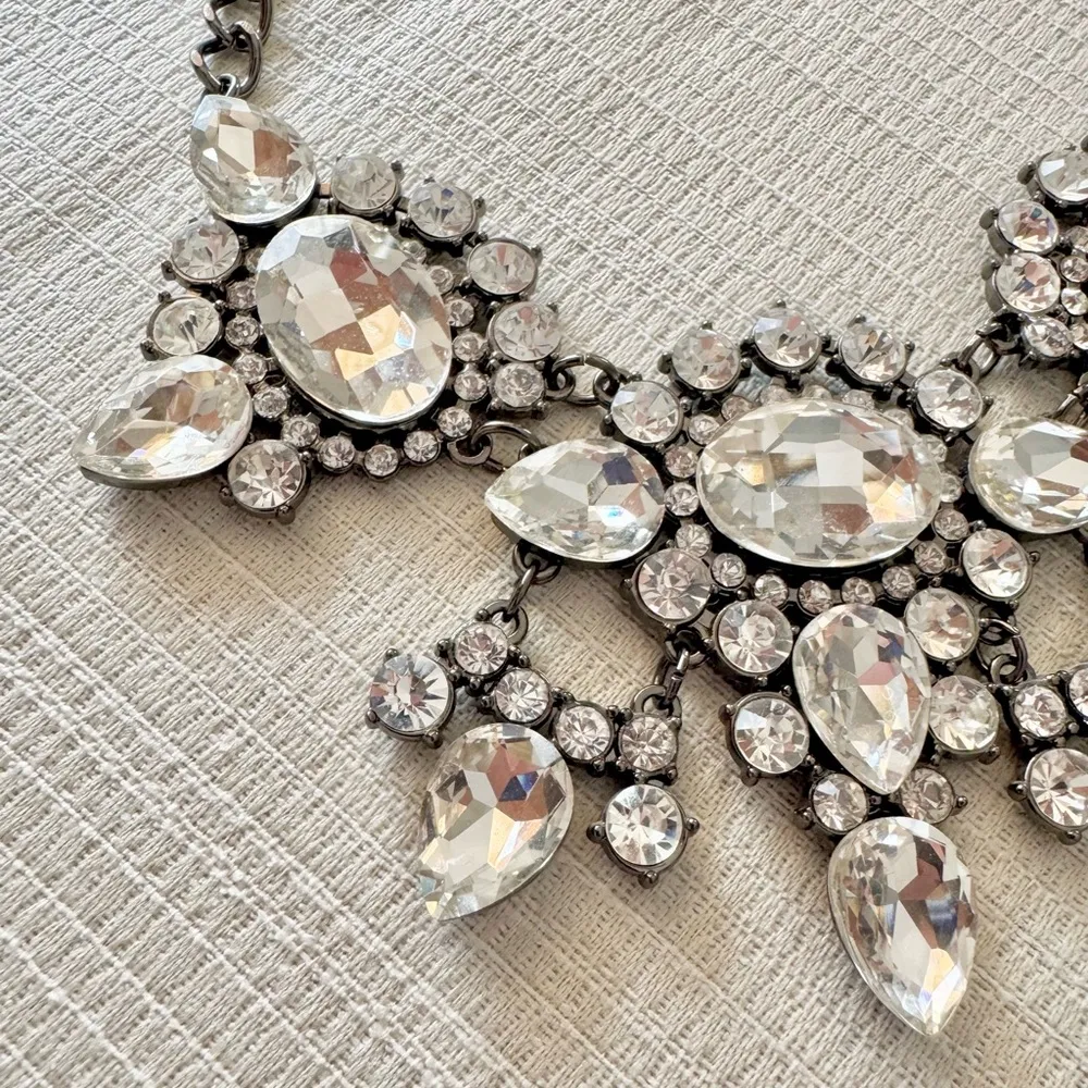 Rhinestone Embellished Statement Bib Necklace, Adjustable Gunmetal Hardware - Image 4