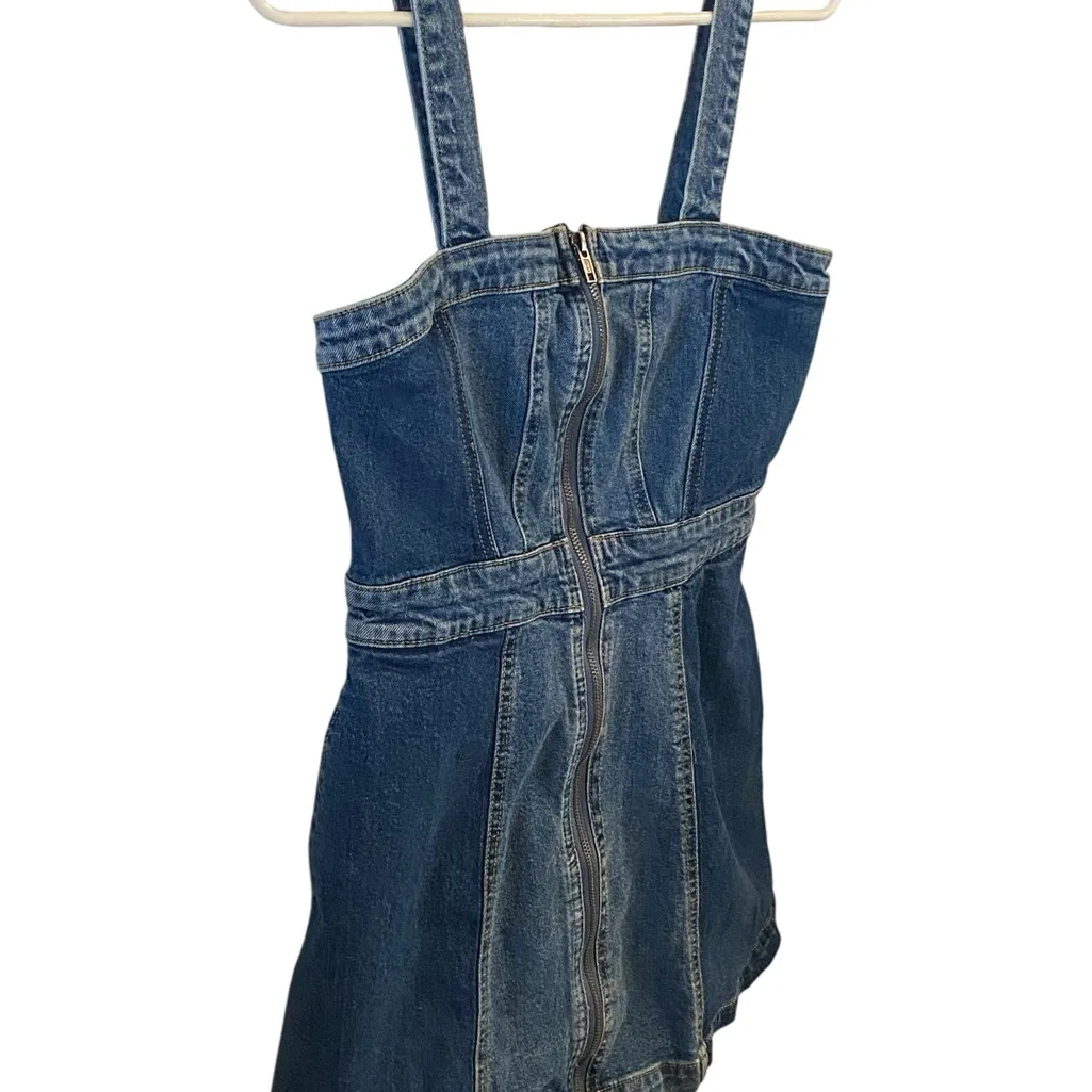 Wild Fable Denim Mini Pinafore Wash Patchwork Zipper Jean Dress western cowgirl - Image 4