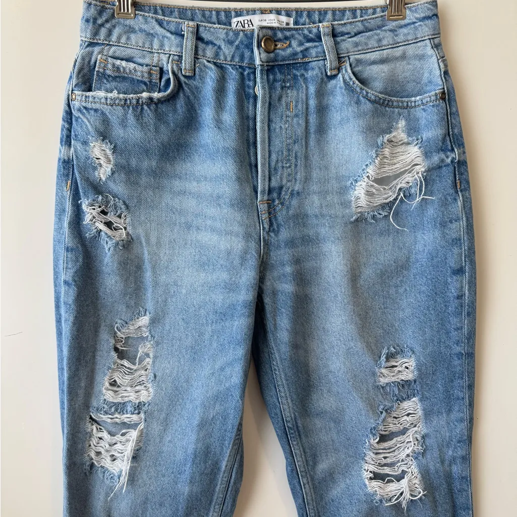 ZARA High Rise‎ Straight Mom Fit Ripped Distressed Mom Jeans Size 6 - Image 5