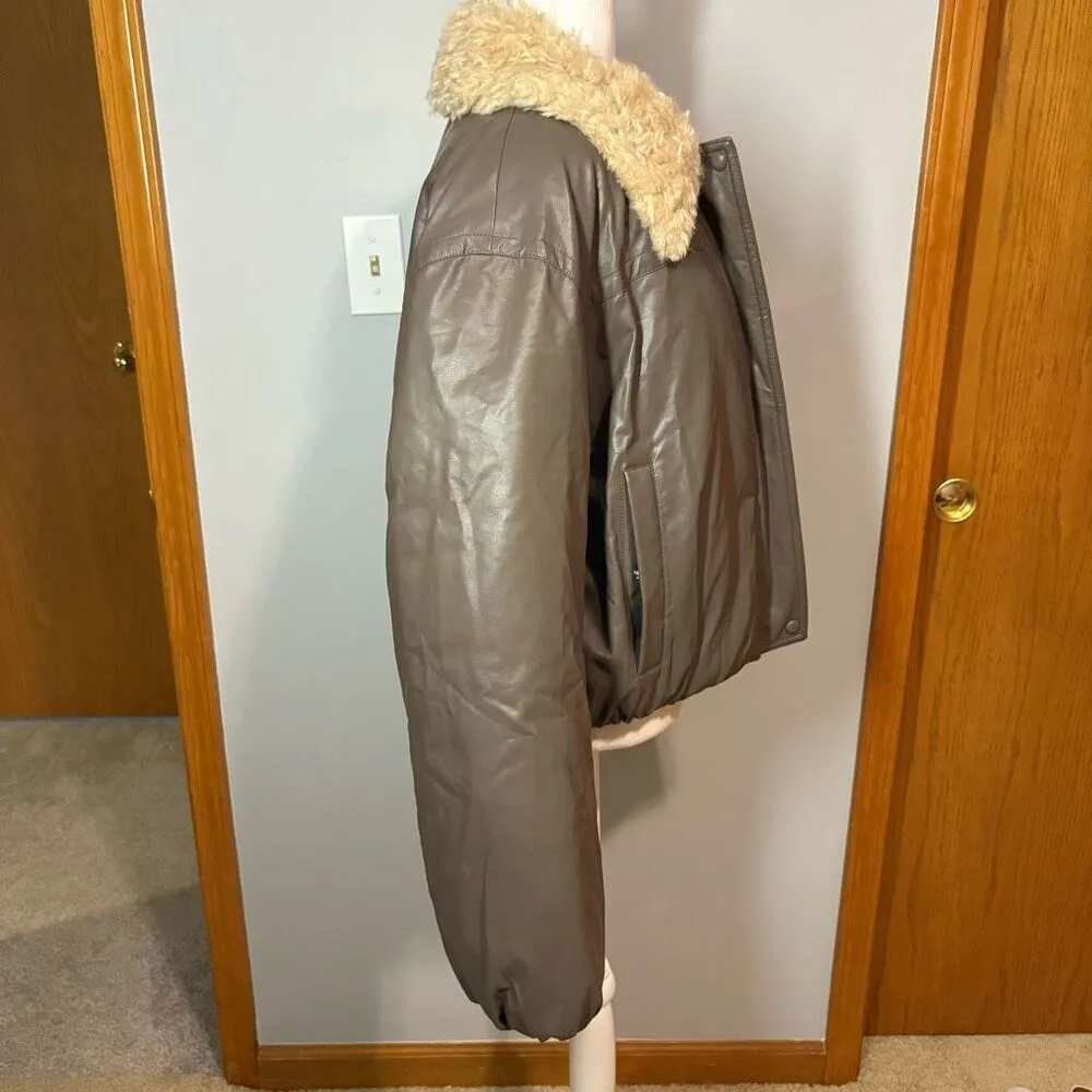 Stand Studio Fran faux leather puffer jacket fur collar mole brown size EU40 med - Image 5