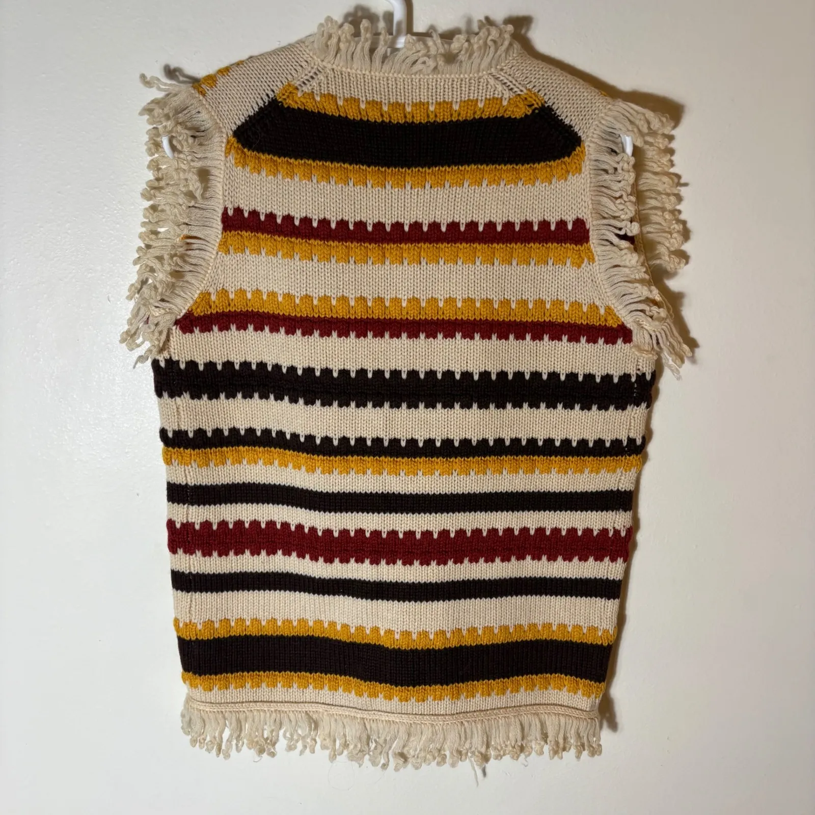 Vintage 100% Pure Wool Striped Fringe Vest British Hong Kong Size Small Brown - Image 5