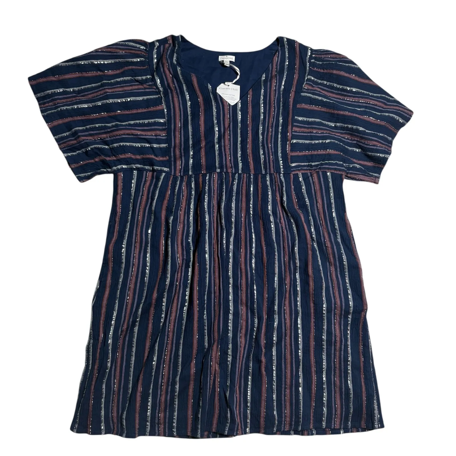 Garnet‎ Hill NWT Lola Shimmering Organic Striped V Neck Flutter Sleeve Dress XL - Image 4