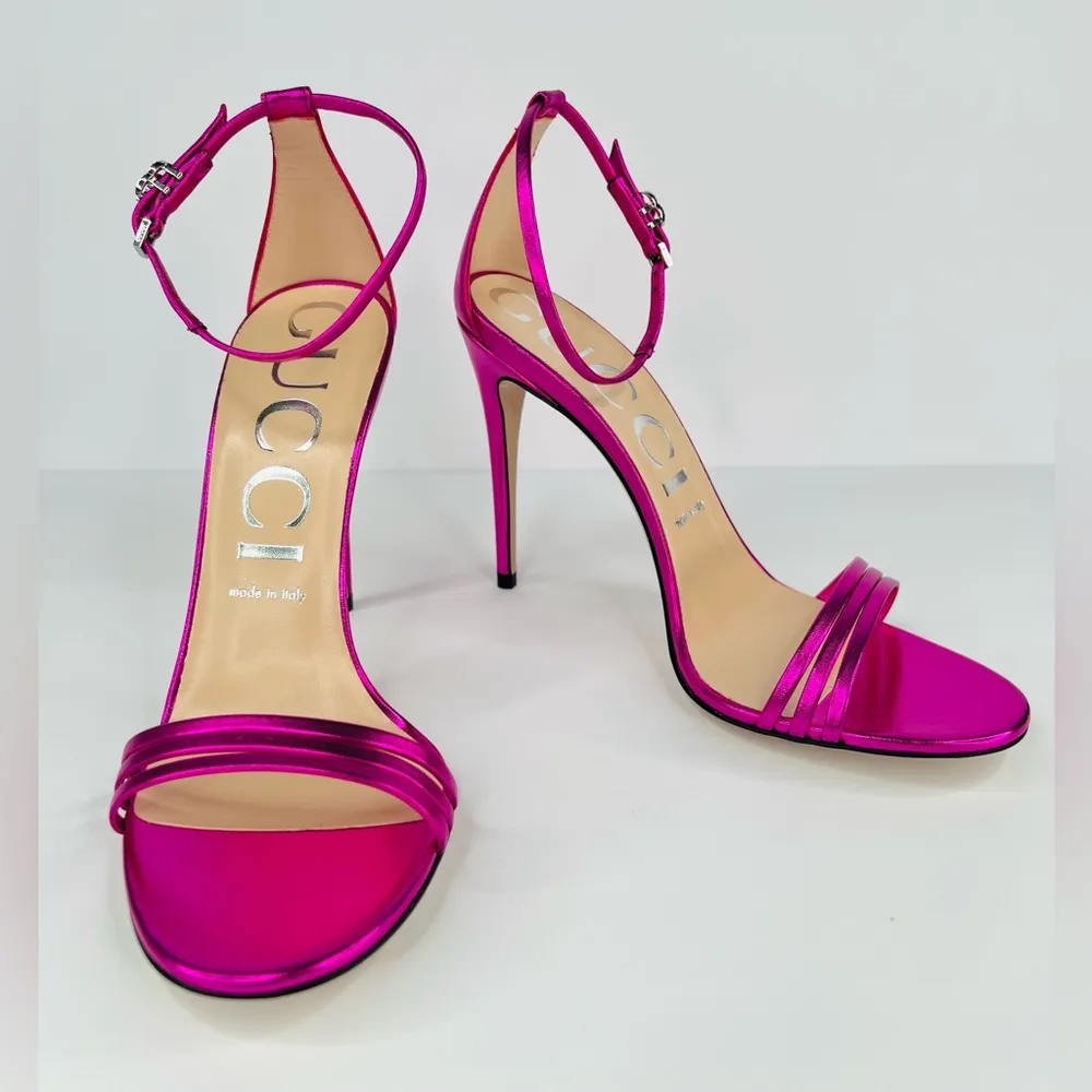 Gucci Pink Metallic Leather Ankle Strap GG Crystal Logo Heel Sandals Sze EU 39 - Image 5