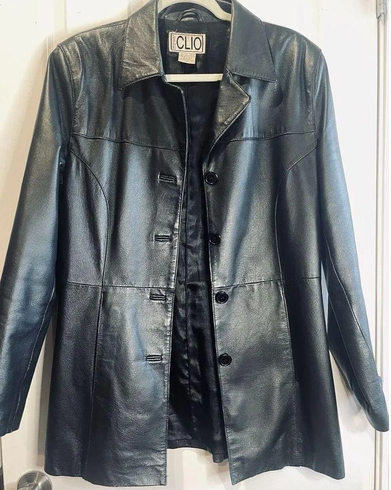 Women's 100% Leather Jacket Button Up Lined Coat Great Condition Size 8 Black - Image 2
