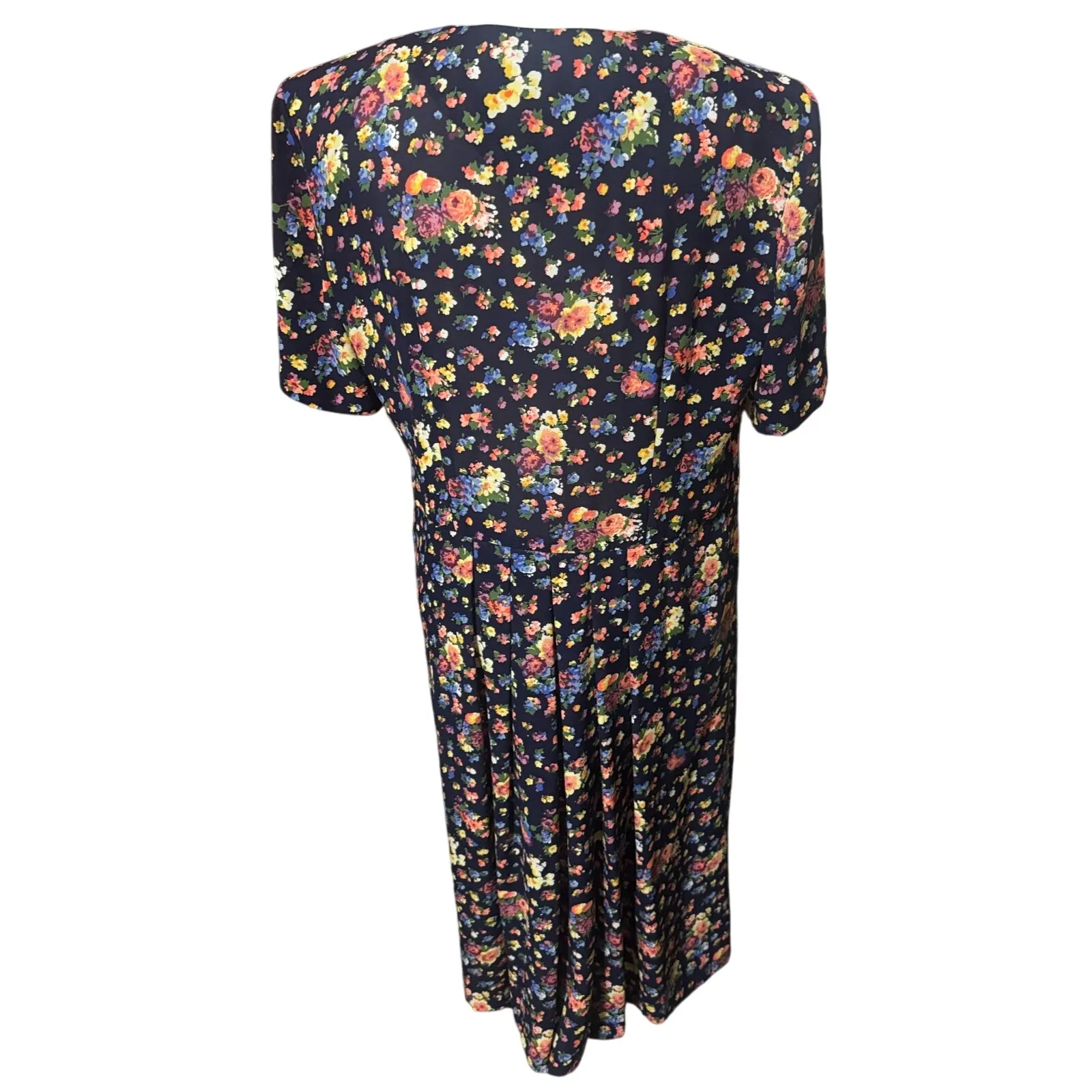 Vtg 90s LESLIE FAY Maxi Secretary Dress Navy Blue Floral Cottagecore 14 pockets - Image 5