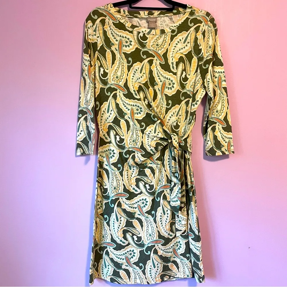 Chico's Green Paisley Printed Side-Tie Cotton Modal Slub Dress Size 8 - Image 2