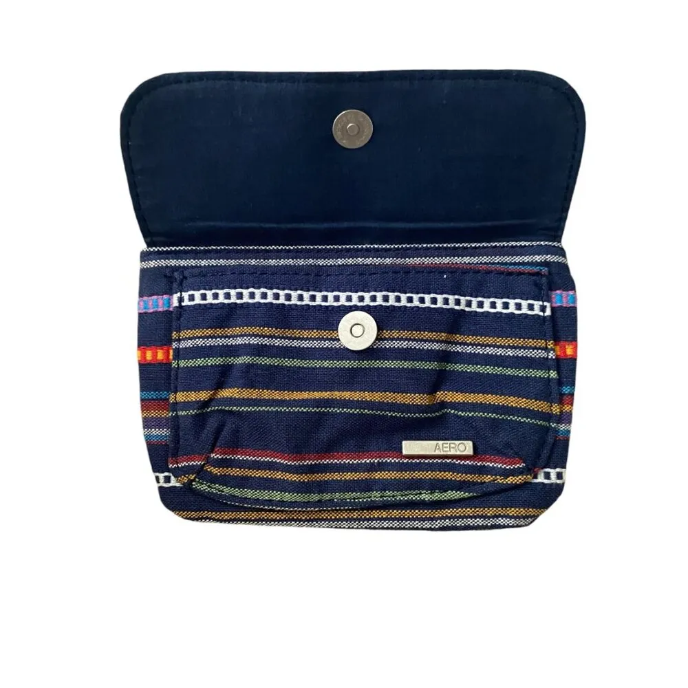 Aero women's small navy blue striped wristlet pouch bag clutch leather flap - Image 3