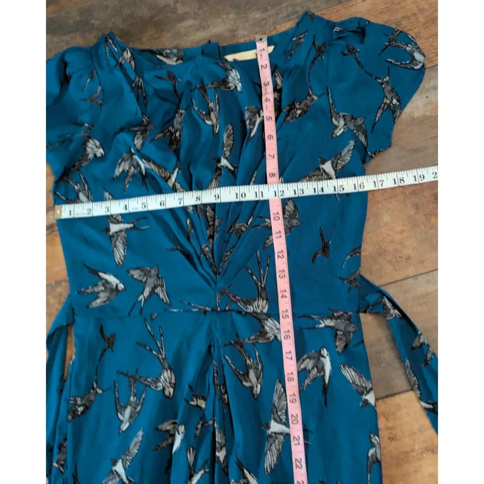 YUMI Swallow Bird Print Ruched Midi Dress Teal Blue Size US 2/4 - Image 7