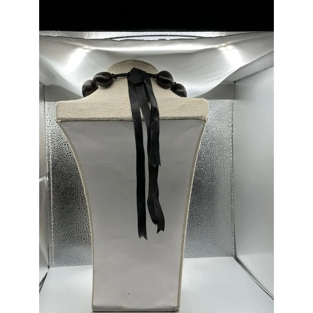 Black Beaded Large Kukui Nut Necklace Adjustable Ribbon Tie Vintage Lei Necklace - Image 5