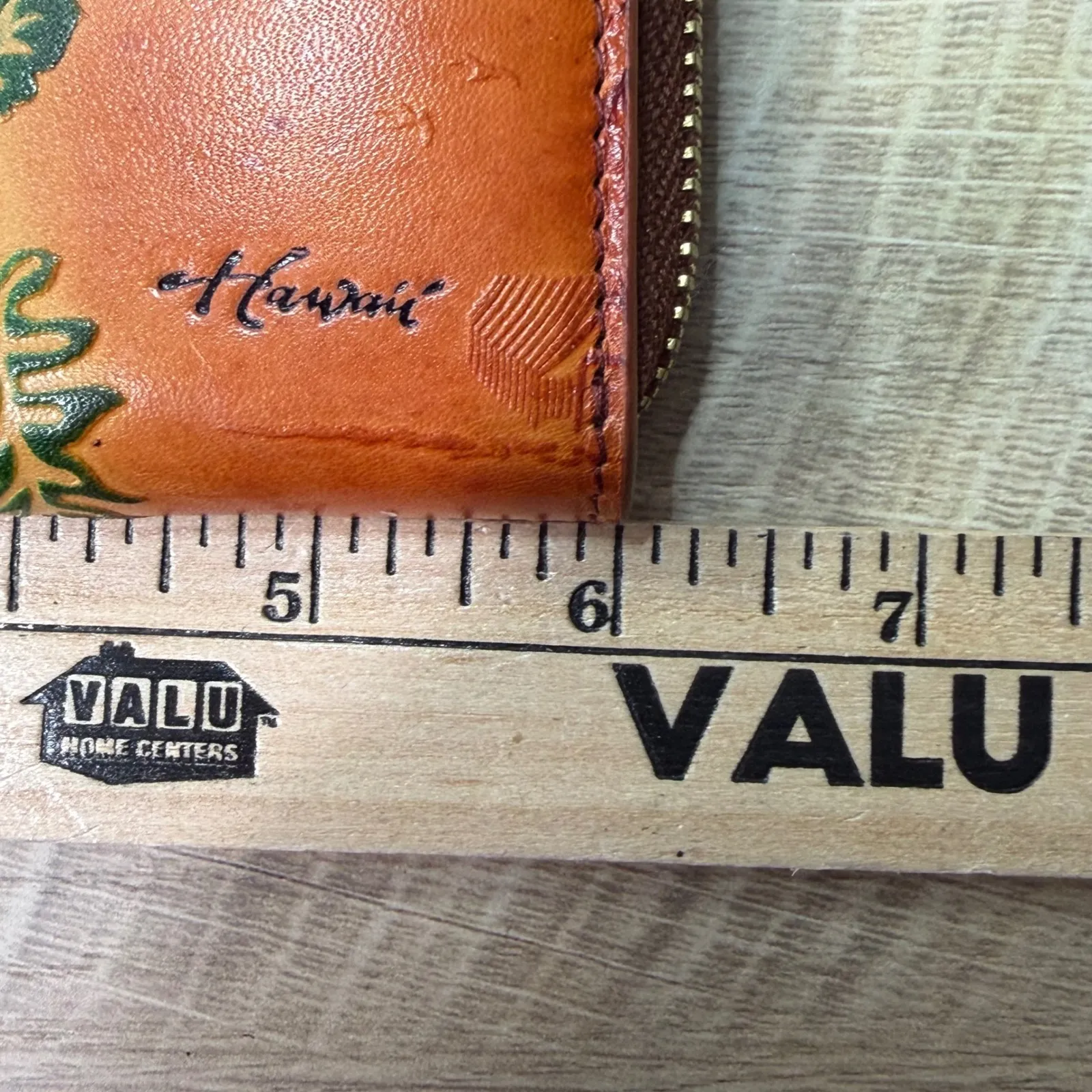 Hawaii Wristlet Leather Zip Around Wallet Tropical Palm Hibiscus Embossed Orange - Image 6