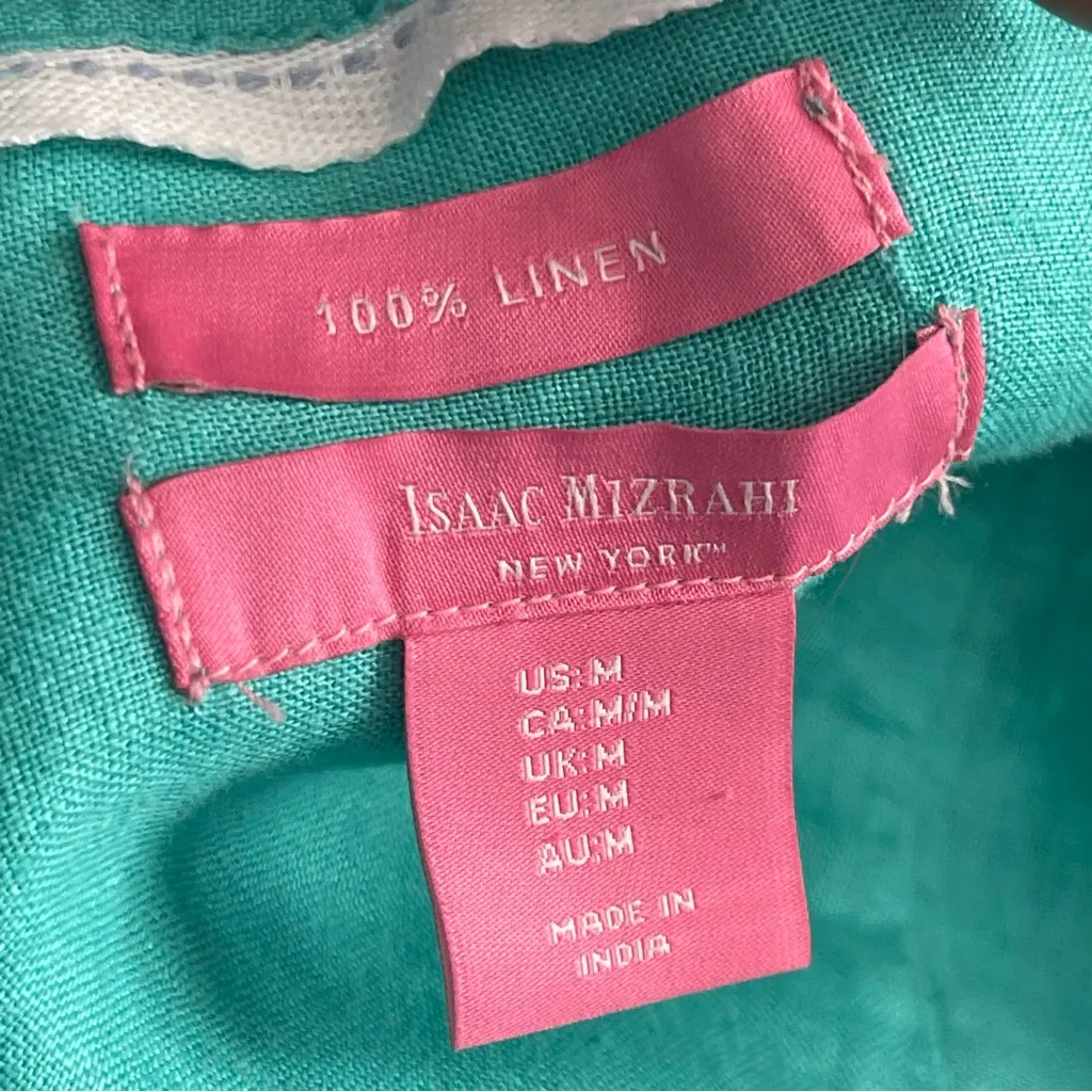 ISAAC MIZRAHI | Aqua 100% Linen Button Down Blouse Sz M - Image 6