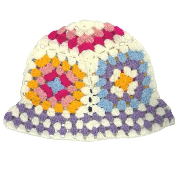 Aqua Acrylic Granny Square Crochet Bucket Beanie Hat Multicolor Retro Coquette - Image 1