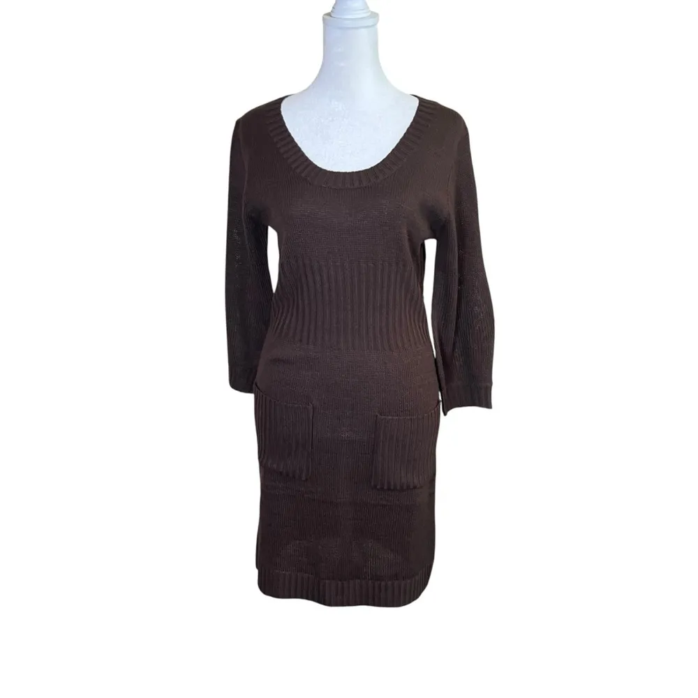 VTG Y2K Stevie & Lindsay Knit Sweater Dress Brown Acrylic Pocket Tunic Sz Small - Image 2