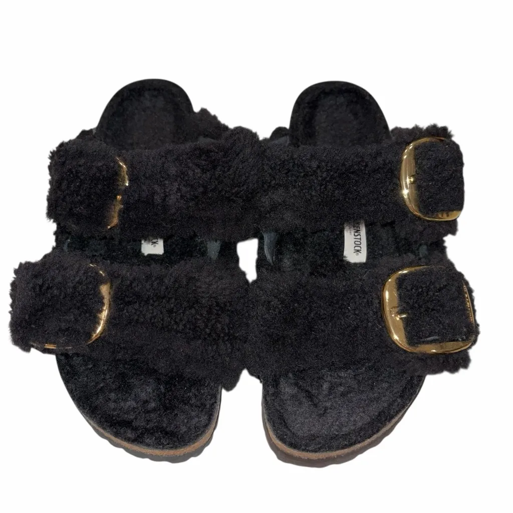 Birkenstock Arizona Black Plush Fuzzy Big Buckle Sandals Slides 41 10 Narrow - Image 4